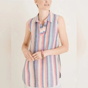 Chico's 100% Linen Freshchic No Iron Striped‎ Blouse Collared Top Size 2 12/14